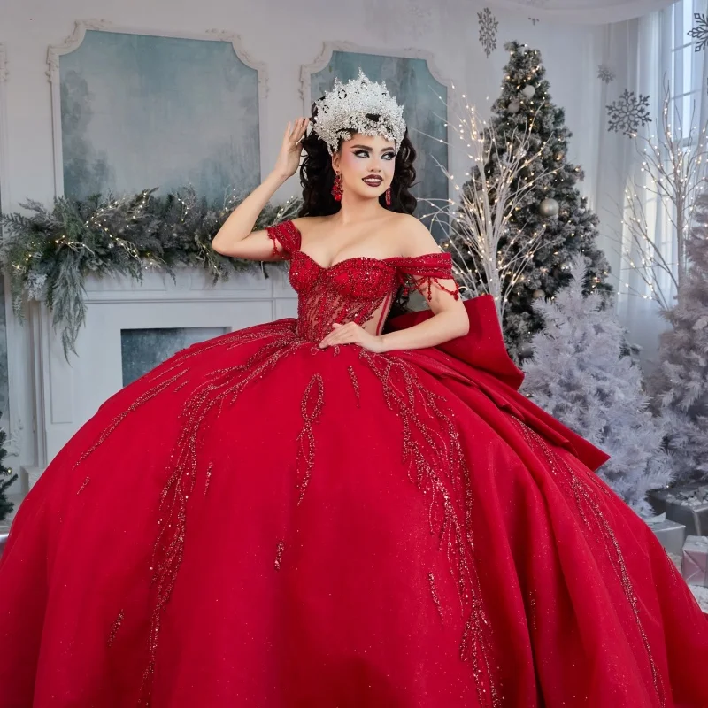 

Shiny Red Quinceanera Dresses off-shoulder Crystal Glitter Decal Layering Hard yarn Big Bow Long tail Vestido De 15 Quinceaneras