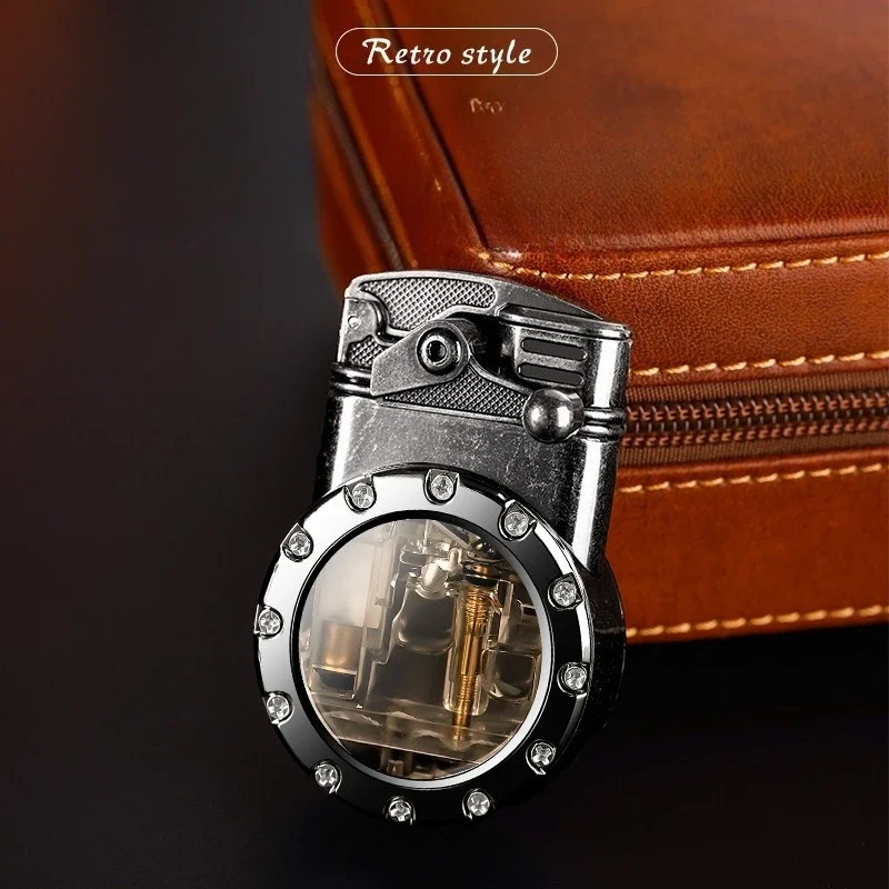 

High-value Rocker Double Straight-forward Blue Flame Inflatable Lighter, Transparent Visual Air Compartment, Men's High-end Gift