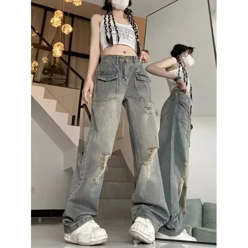 Retro Vintage Gerade Bein Zerrissene Jeans für Frauen 2024 Frühling Sommer Neue Spicy Girl Hohe Taille Lose Bodenlangen Breite Bein Hosen