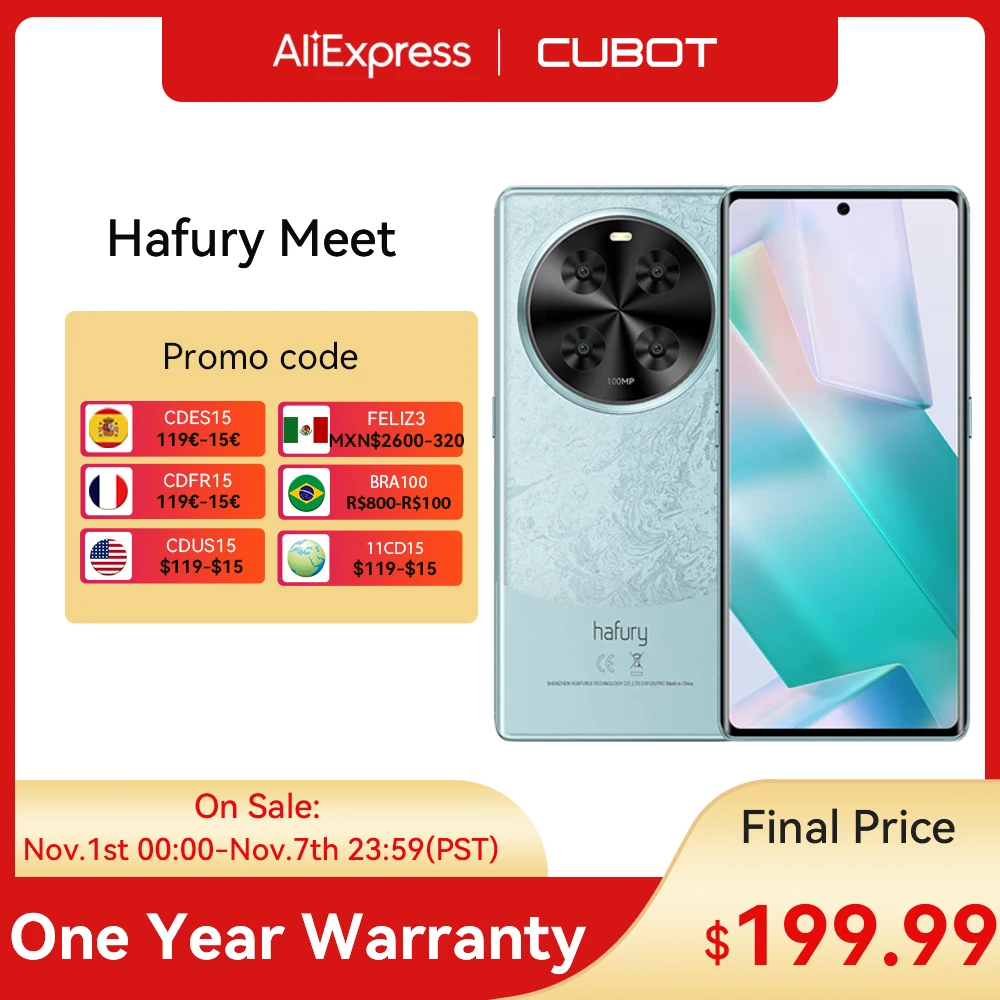 

Cubot Hafury Meet Smartphone 6.67" 120Hz AMOLED Curved Screen 24GB RAM(12+12)+256GB ROM Helio G99 100MP Camera NFC Smart Phone