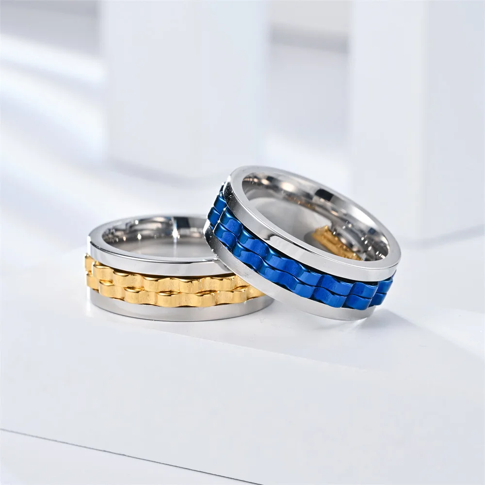 Anti Stress Stainless Steel Ring For Men Gear Chain Rotating Anxiety Relief Spinning Fidget Ring Punk Jewelry Size 6-13