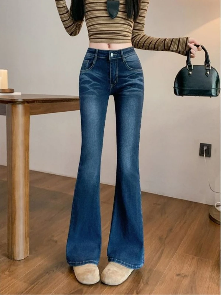 

American Style Vintage High Waist Bell Bottom Jeans Women's Spring Small Size Slim Fit Hoof Pants Faded Long Trousers