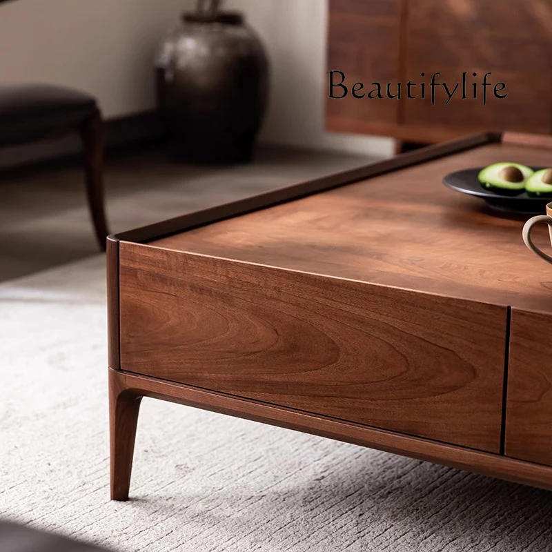 Italian light luxury solid wood coffee table living room square walnut color minimalist coffee table Nordic minimalist table