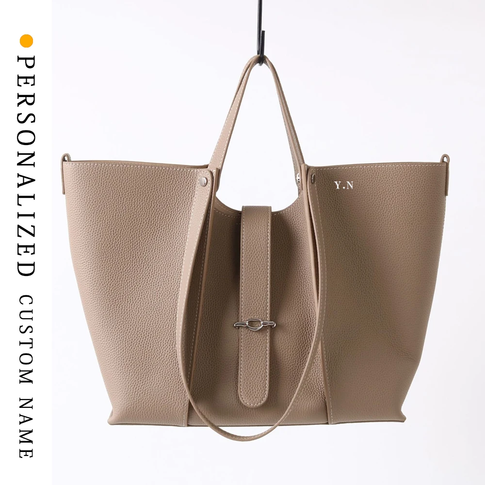 

First layer cowhide retro tote bag large capacity commuting shoulder bag genuine leather underarm bag free custom gold stamping