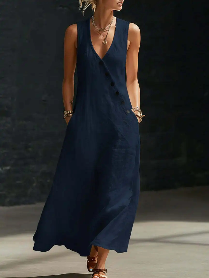 2026 Sommer Damen Baumwoll-Leinen A-Linien-Maxikleid mit V-Ausschnitt, ärmellos, asymmetrisch, Knopfleiste, Westenkleid, locker geschnitten, lässig, für den Urlaub am Strand – Detail 11