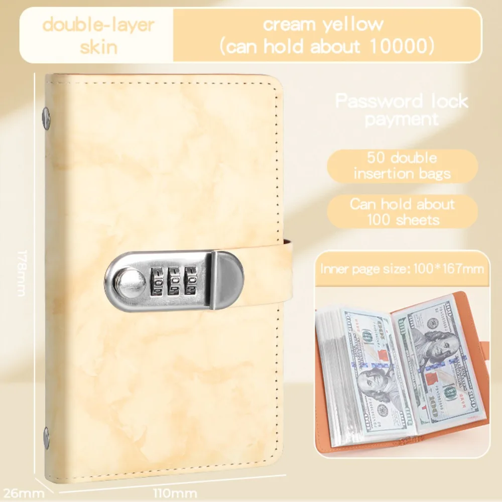 Waterproof PU Cash Deposit Book Marble 100 Pockets Cash Saving Book with Password Lock A6 Savings Binder Cash Envelope System