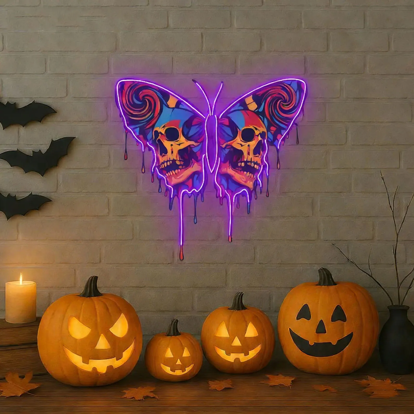 Skull Butterfly Neon Sign,Whimsical Decor for Halloween Party,Creepy Costume Night Wall Art,Gift for Friends,Man Cave Sign