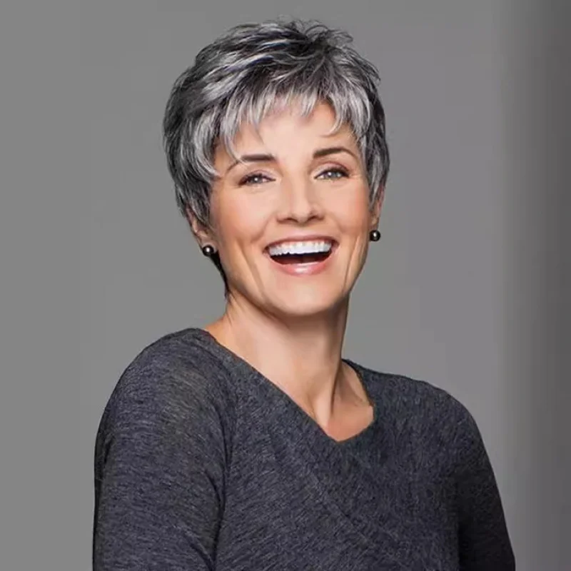 

curly , elderly short hair , gradient gray-white women's wig, small curls with side parting