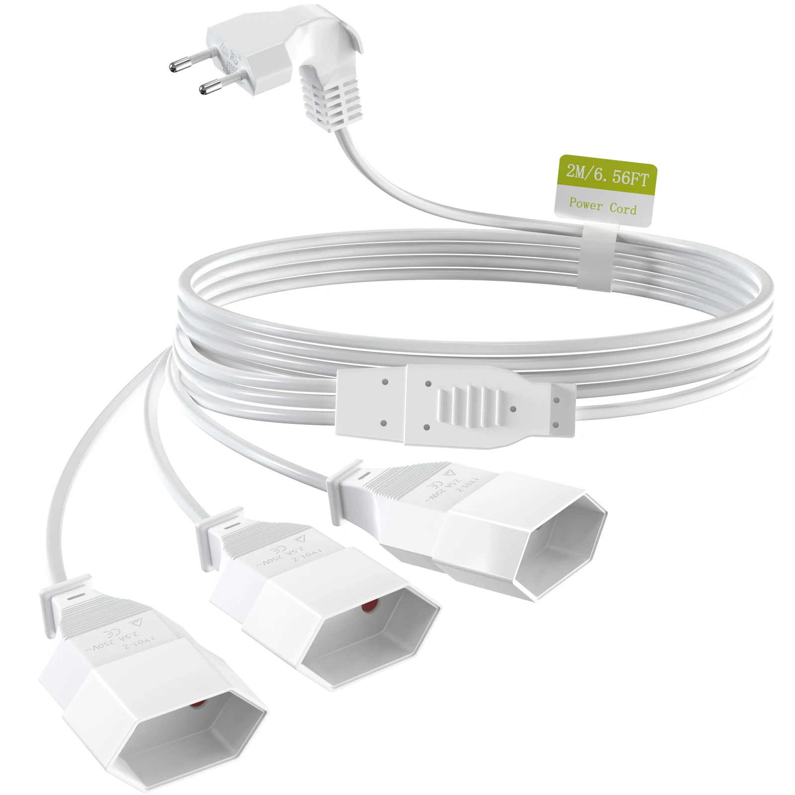 2m Europea Power Extension Cord 1 to 3 Ways Outlet, 2-prong Male Plug to Female Socket Power Cable 2.5 A/250 V For PC
