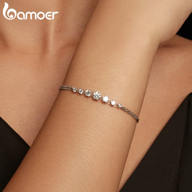 Bamoer gelang Moissanite berkilau, gelang untai dapat disesuaikan untuk wanita hadiah Hari Valentine perhiasan bagus