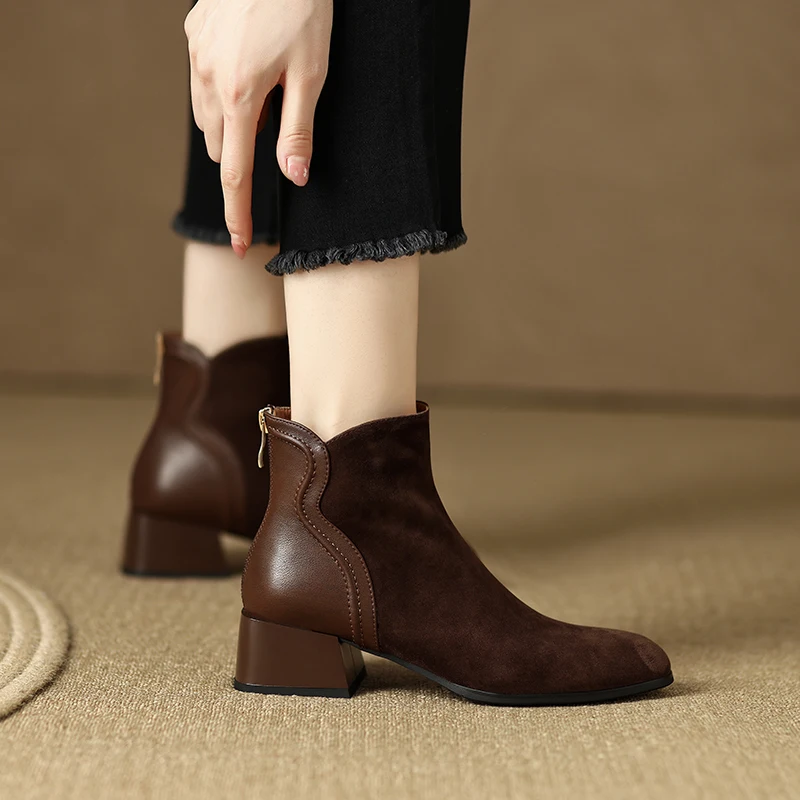 2023 New Autumn Boots Women Sheep Suede Leather Shoes for Women Square Toe Chunky Heel Women Boots Winter Zipper Modern Boots