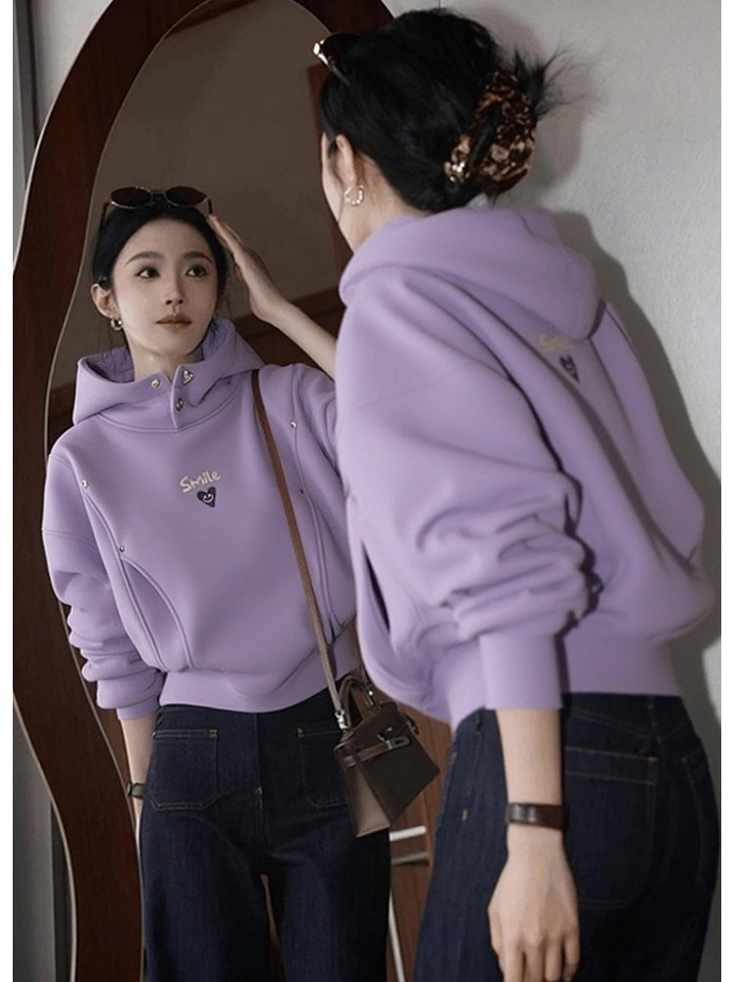 

Новая зимняя женская толстовка в американском стиле, фиолетовая, свободного кроя, с длинными рукавами, цветная