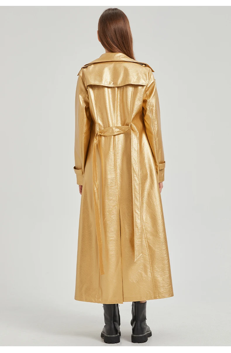 Lautaro Spring Autumn Extra Long Gold Shiny Pu Leather Trench Coat for Women Sashes Double Breasted Luxury Europe Fashion 2024