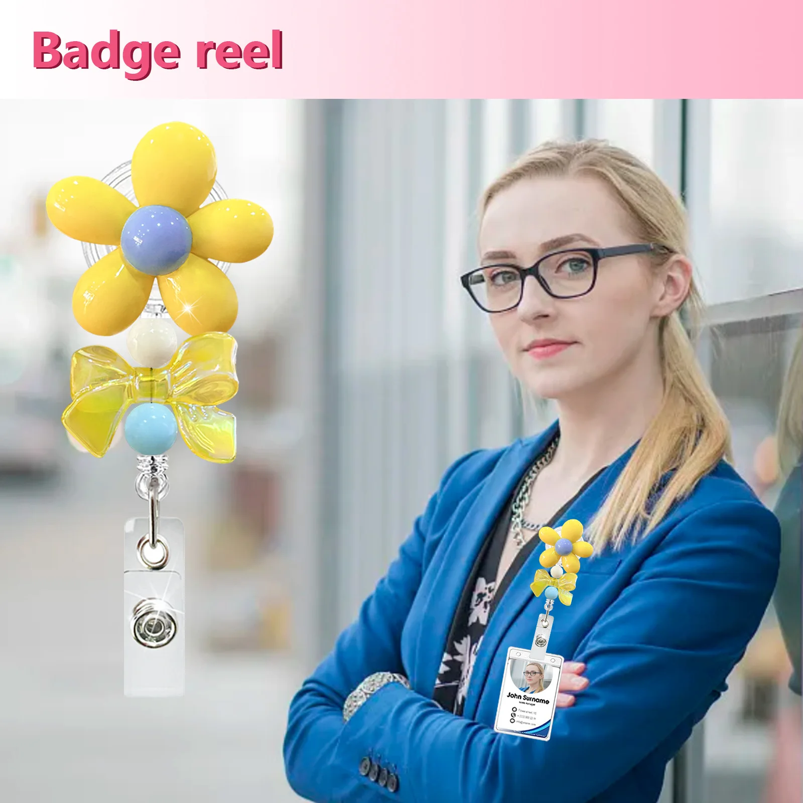 Jesjeliu 1 Stuks Bloem Kralen Intrekbare Badge Houder Clips Voor Verpleegkundige Id Badge Haspel Met Riem Clip Dokter Id Card Ketting Clips