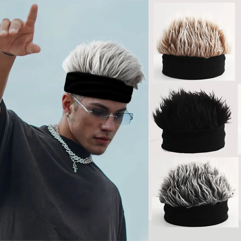 Men'S Hip-Hop Fashion Beanie with Faux Hair - Black Knit Skull Cap for Parties, Cosplay & Casual Wear, Stylish Skull Hat, Party Accessory, Modern Accessory, Durable Headgear