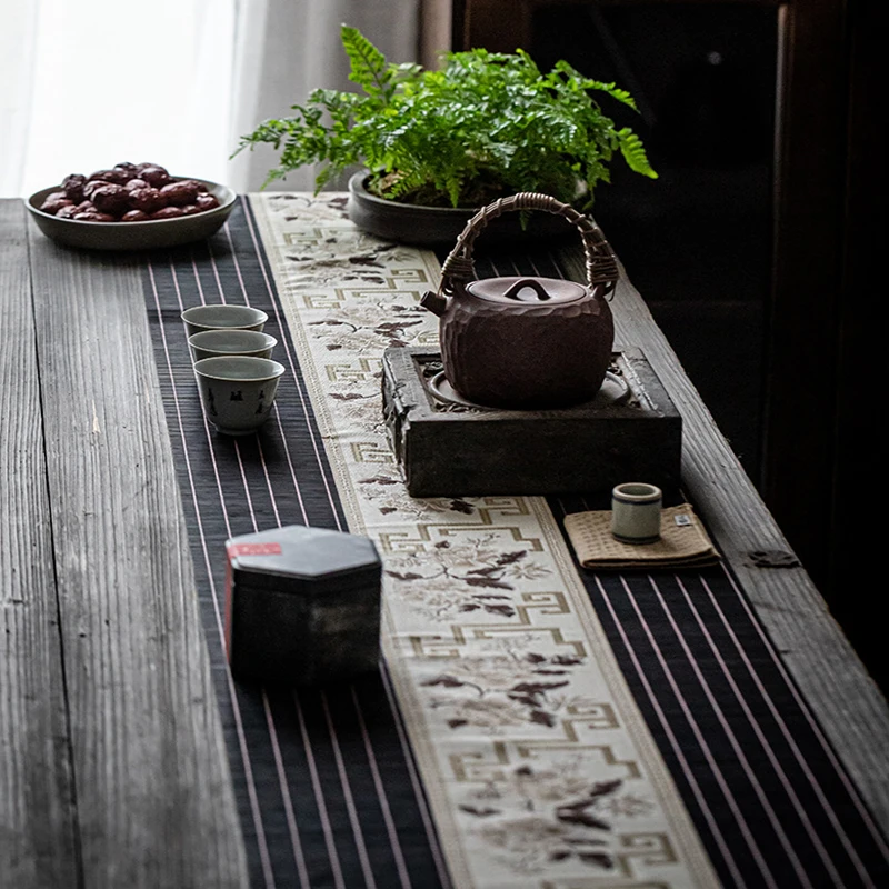 Tea Mat Embroidery Bamboo Mat Classical Vintage Tea Table Runner Tea Cup Pad Tablecloth Ancient Rhyme Chinese Style Flower