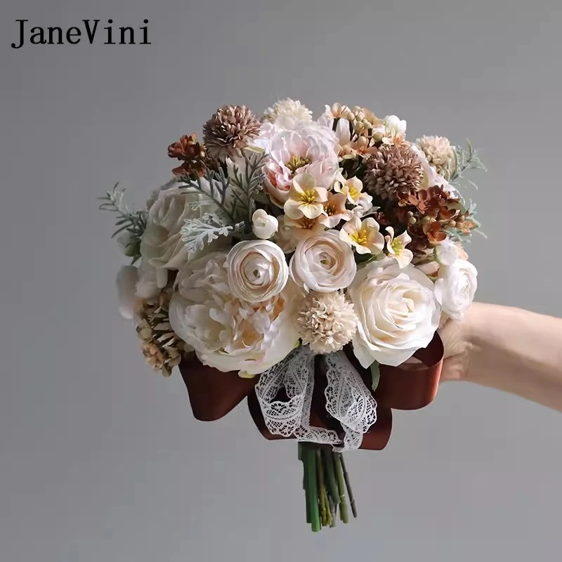 

JaneVini Bruidboeket Champagne Artificial Roses Bridal Bouquet Autumn Bride Flower Party Wedding Bouquet De Fleurs Mariage 2024