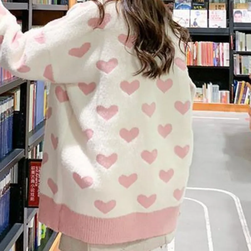 Sweet Pink Cardigan Women Jacquard Loose Students Knitted Heart Korean Preppy Chic Outerwear Fashion Vintage Patchwork Female