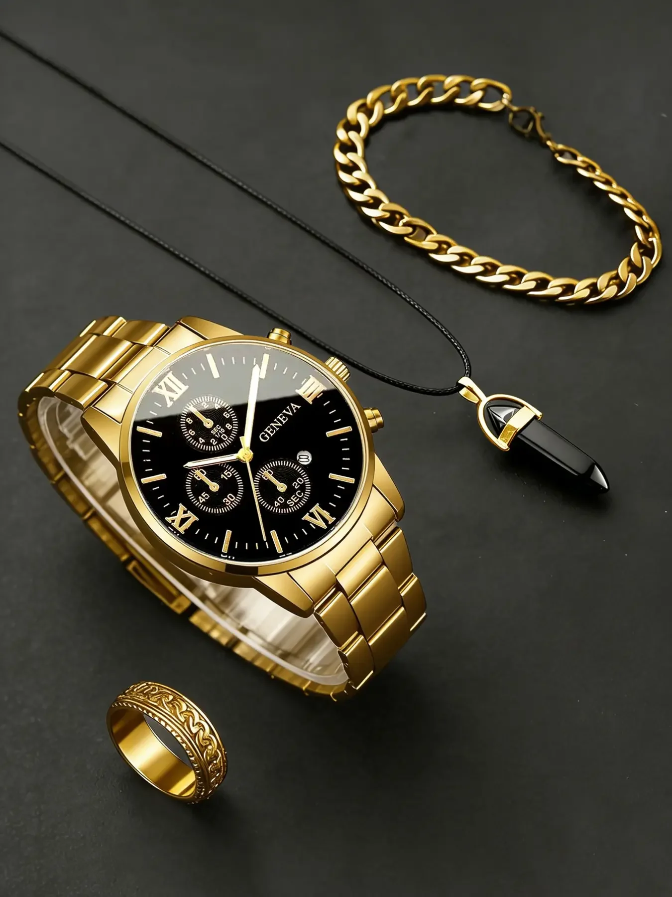 Men's Steel Strip Hip Hop Roman Scale Diamond Set Calendar Men's Quartz Watch Set