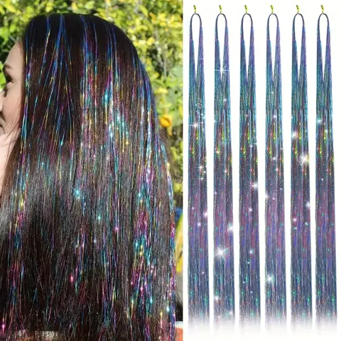 스파클 합성 머리 확장 반짝이 무지개 컬러 가닥 소녀 모자를 쓰고 있죠 Hairbinge 헤어 레이저 거짓 장식