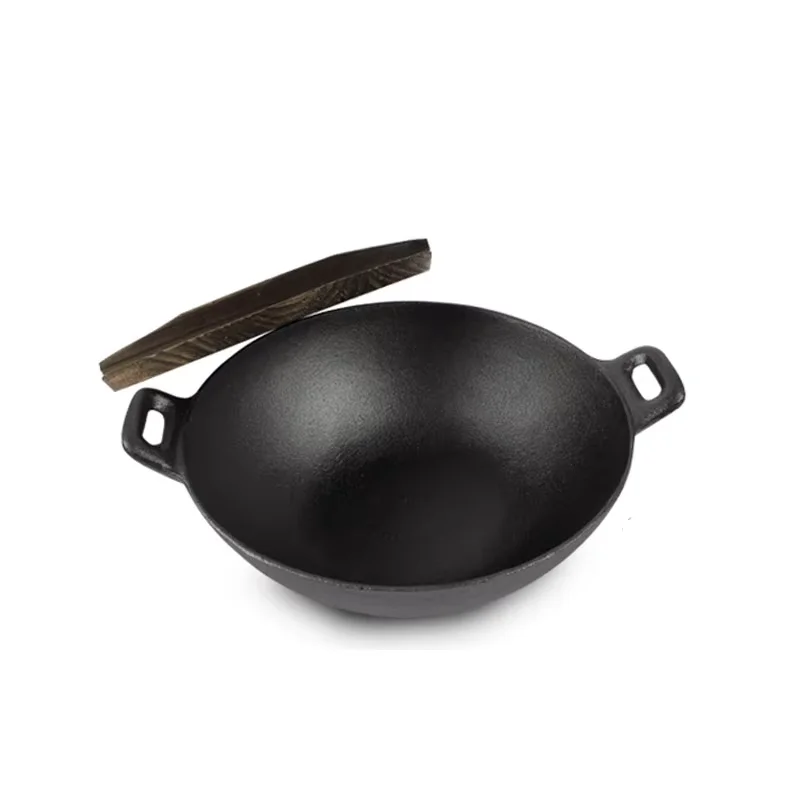 24cm Handmade Cast Iron Wok with Wood Lid, Flat Bottom Frying Pan for 1 ~ 2 People