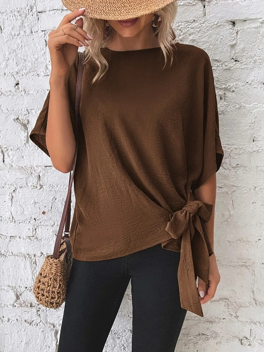 Loose Bat Sleeved T-Shirt Women Round Neck Tie Tops Female Casual Summer Blouses