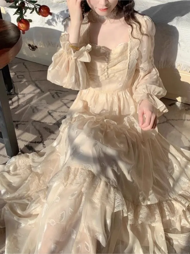 Damska Jesienna Elegancka Sukienka Midi z Koronkowymi Wstawkami, Długi Rękaw, Vintage, na Imprezę, Bal, Vestidos, Odzież Damska, Ubrania na Urodziny