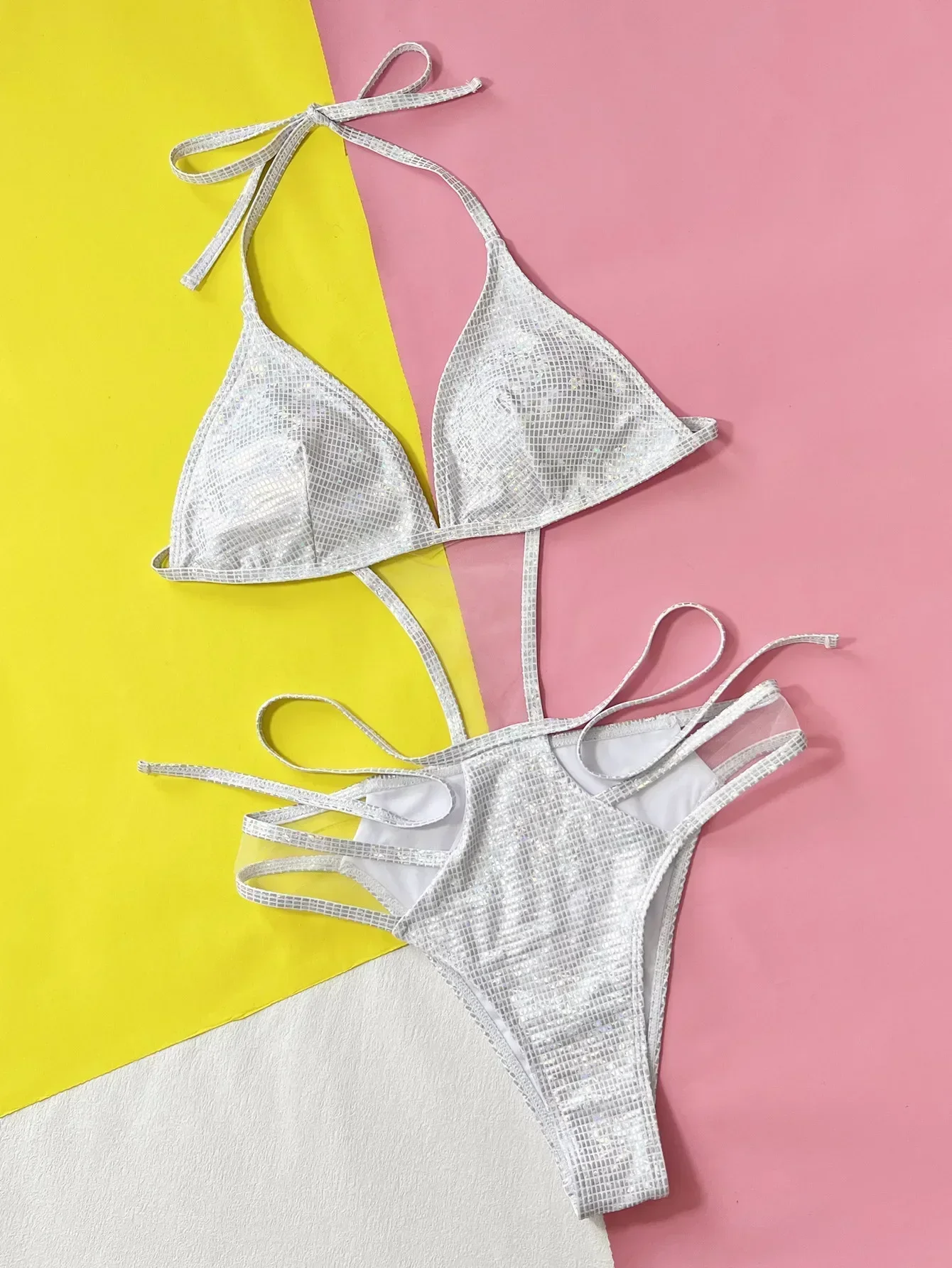 

sexy silver glitter swimsuits bandage bikinis one piece hollow bodysuits halter tie backless swimwear women Bakini Biquini
