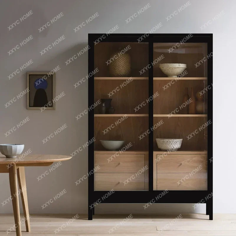 

simple solid wood black retro side cabinet living room storage double door glass display