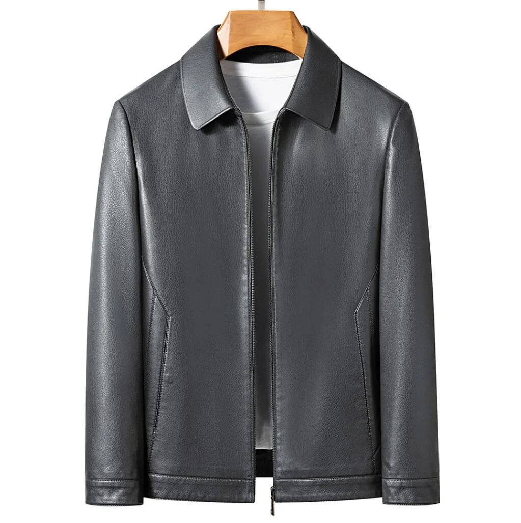 New Spring and Autumn Men's high-end Faux Leather Sheepskin Polo Mock Neck Jacket Fashion Slim Leather Coat Black Grey Jacket