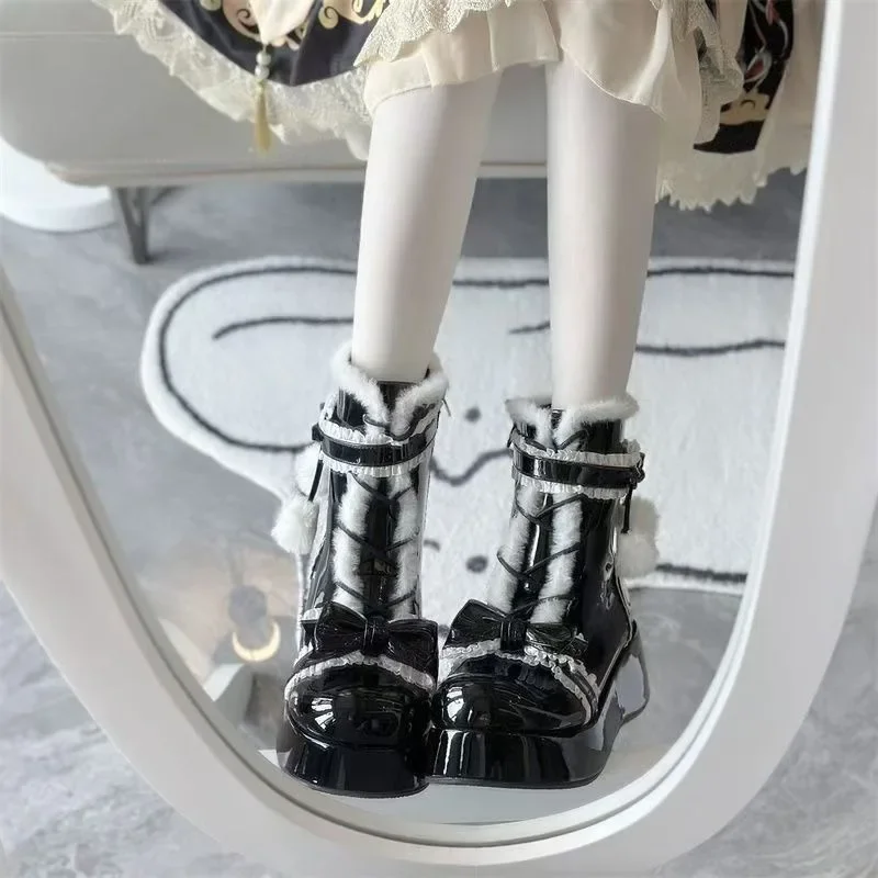 Sweet Winter Girls Lolita Mid-Calf Snow Boots,Cute Female Students Plush Warm Bowknots Lace Up Wedge Heel Heightening Shoes