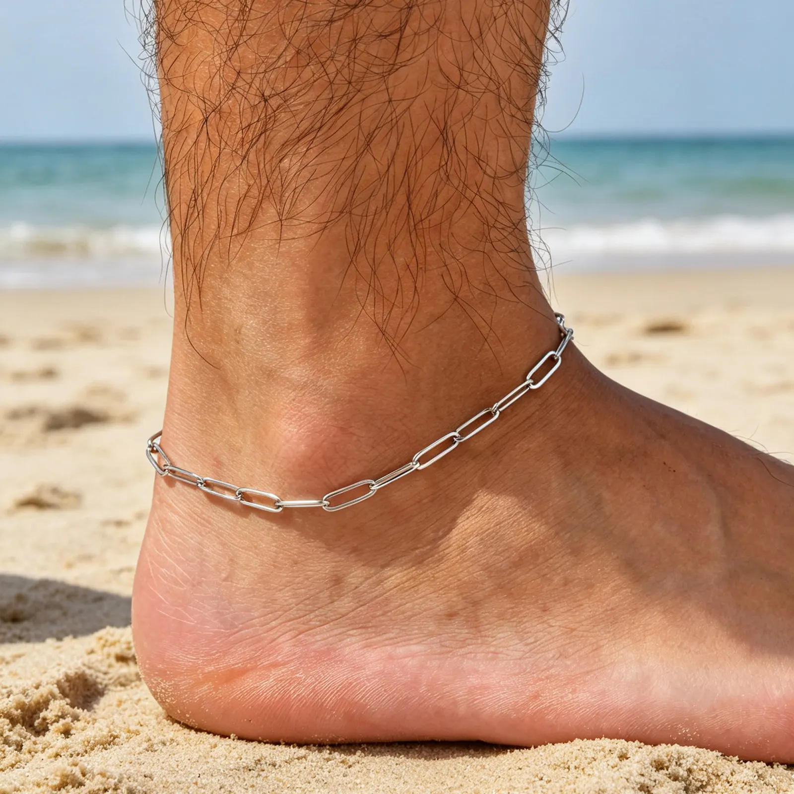 Hip-Hop Herren-Fußkettchen, Wasserfestes Silberfarbenes Edelstahl-Fußkettchen, Sommer-Strandschmuck für Ihn – Detail 3