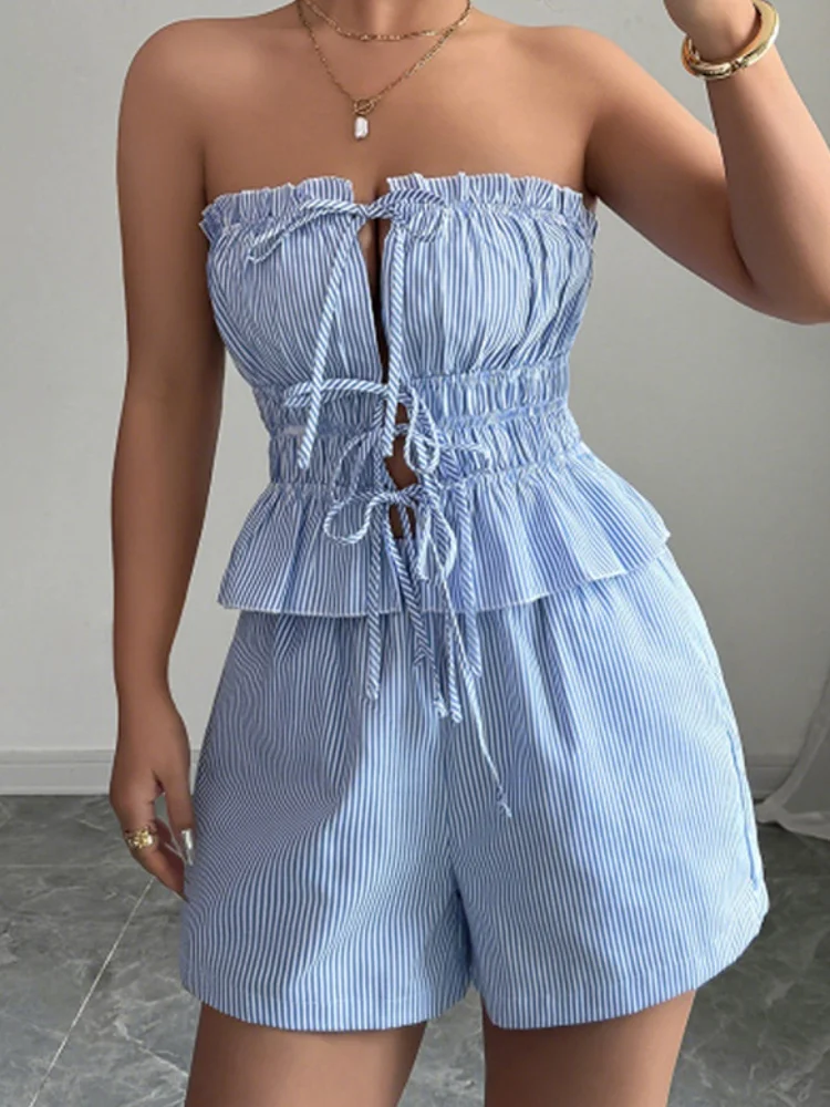 

Women Sexy Strapless Top Short Suit White Blue Strip Elastic Front Lace-up Design Jude Mini Pants Set 2025 Fashion Street Wear