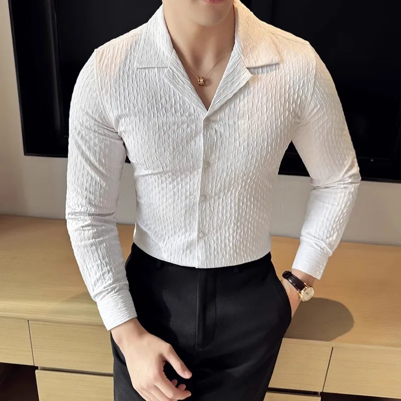 England Style Long Sleeve Shirts Men Fashion Slim Fit Solid Color Smart Casual Shirt Mens Turn-Down Collar Formal Dress Tops Man