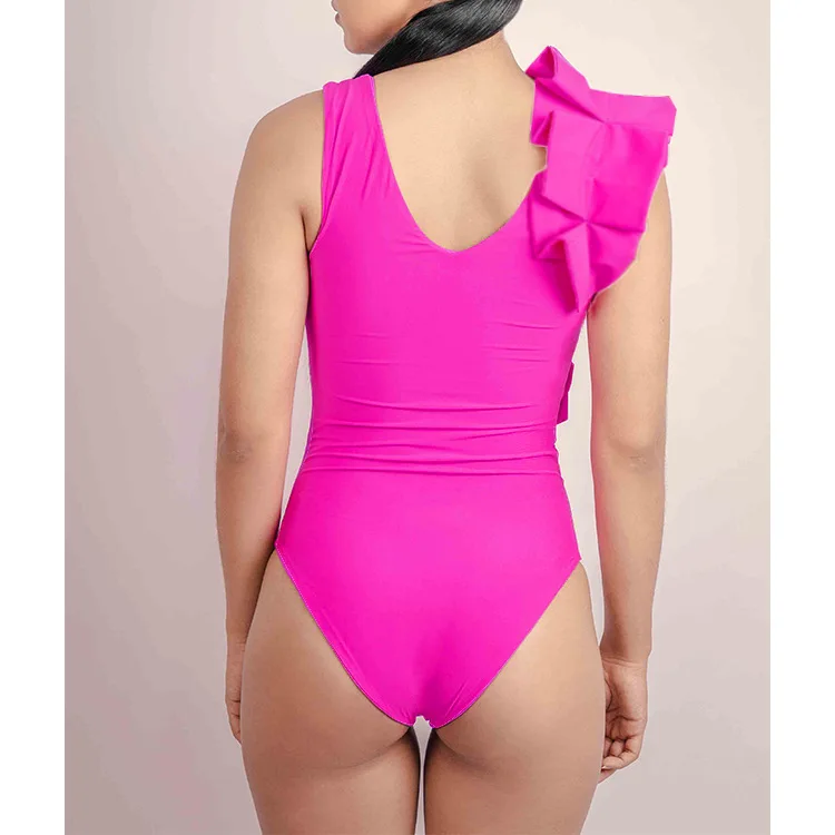 Maillot de bain une pièce amincissant pour femmes, pli carré sur un côté, couverture châle, rose