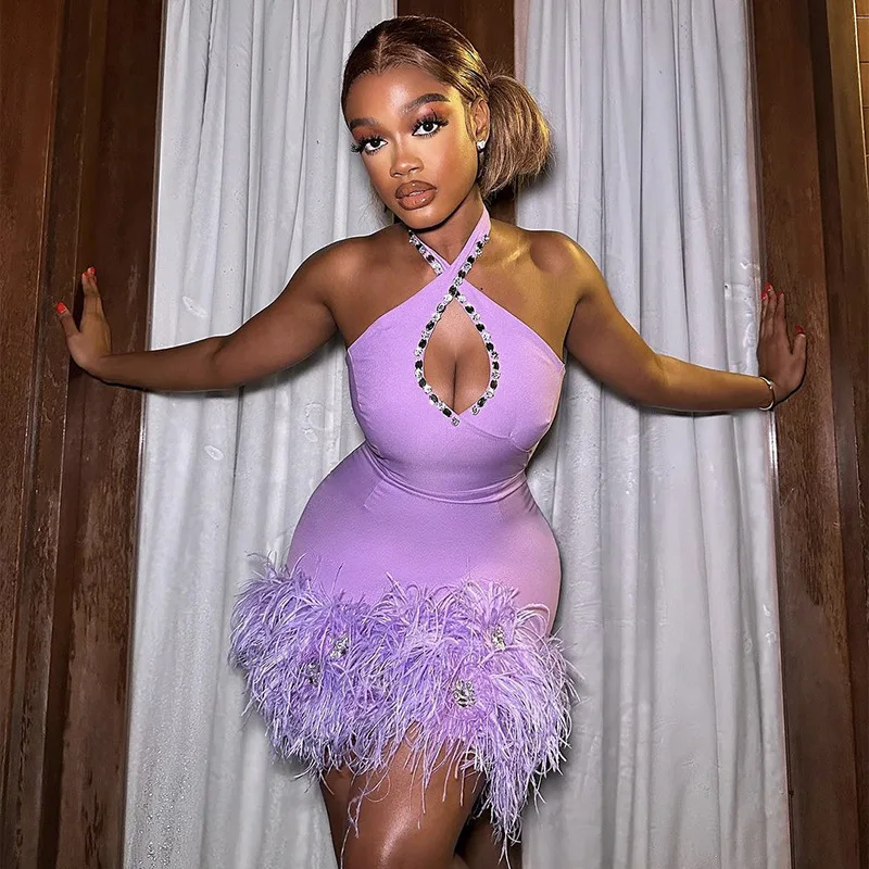 

Purple Halter Neck Rhinestone Feather Sexy Socialite Bandage Dress Gown