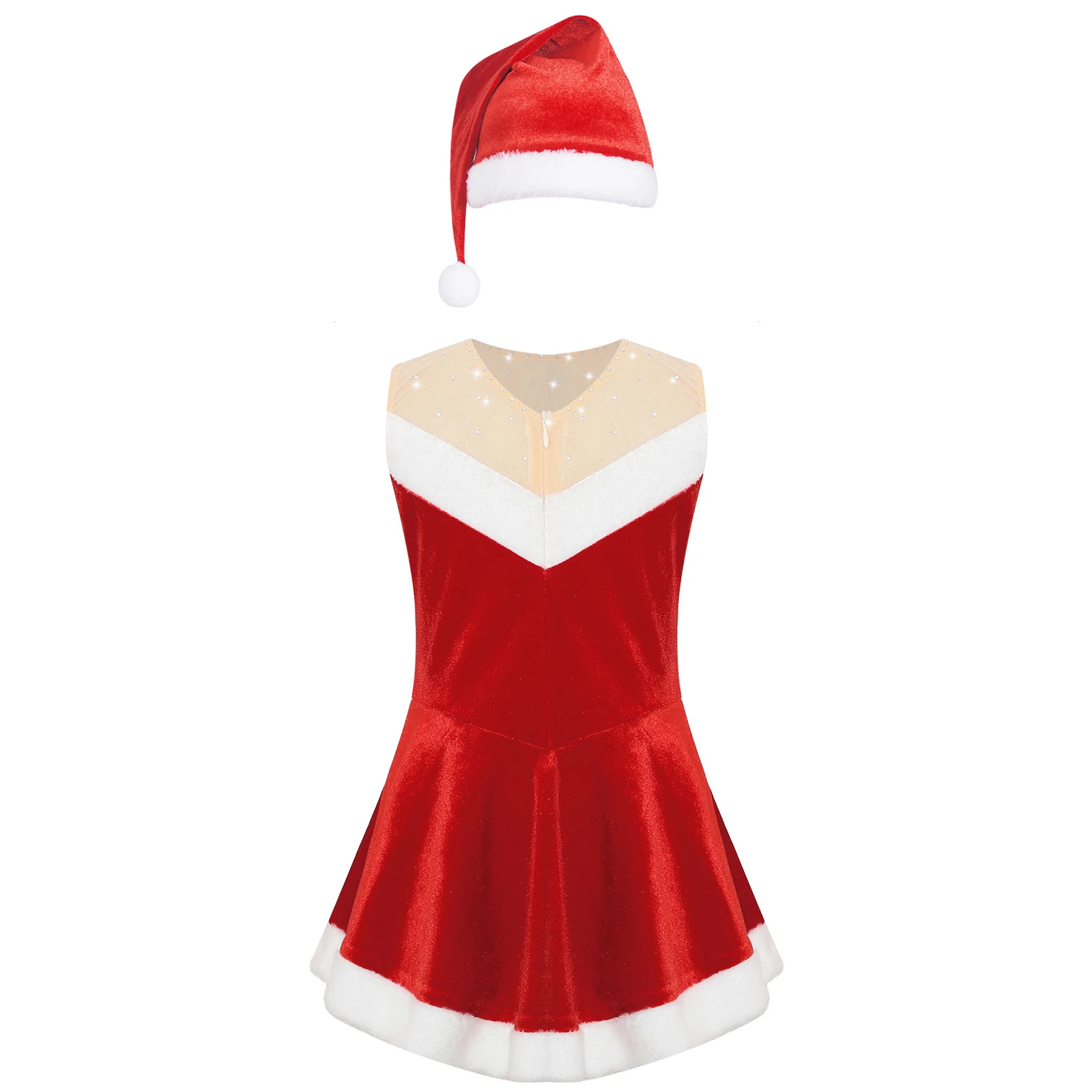 Bambini ragazze vestito da ballo di natale costumi di babbo natale Mrs Claus senza maniche tuta di velluto vestito da pattinaggio di figura con Set di cappelli di natale