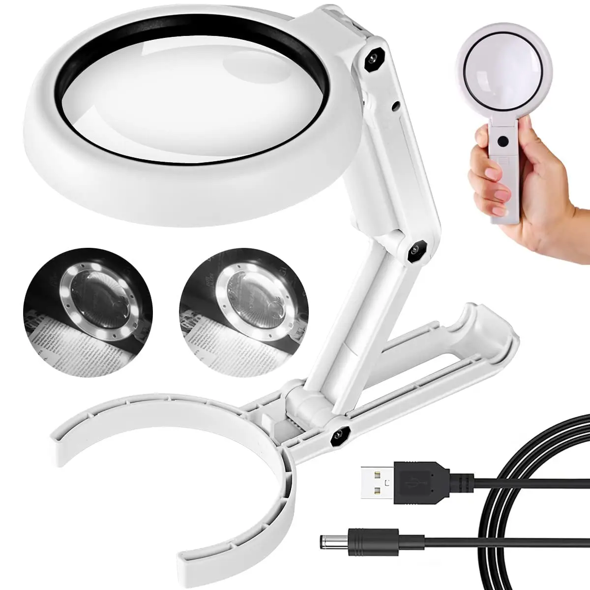 Lupa Dobrável para Reparo Lupa para Idosos Lupa de Mesa Portátil Lâmpada de Leitura Potável Luzes Led 5x 11x