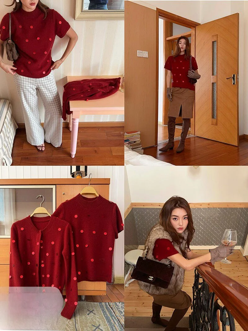 

Handmade Polka Concerto Short Sleeve Stand Collar Cardigan with Bead Embellishments Bear Fur Women's Knitted Sweater Coat