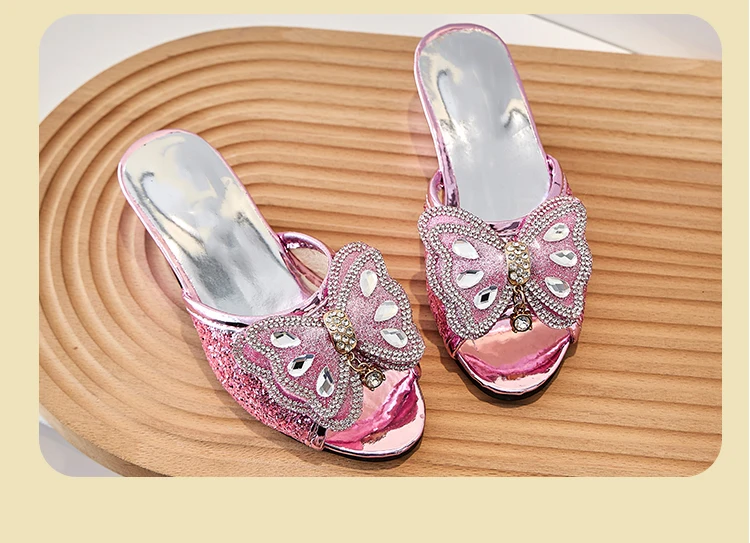 Girls Multi-color Fashionable Low Heel Slippers with Diamond Bow, 2024 Summer New PU Indoor and Outdoor Slippers, Sizes 26-37