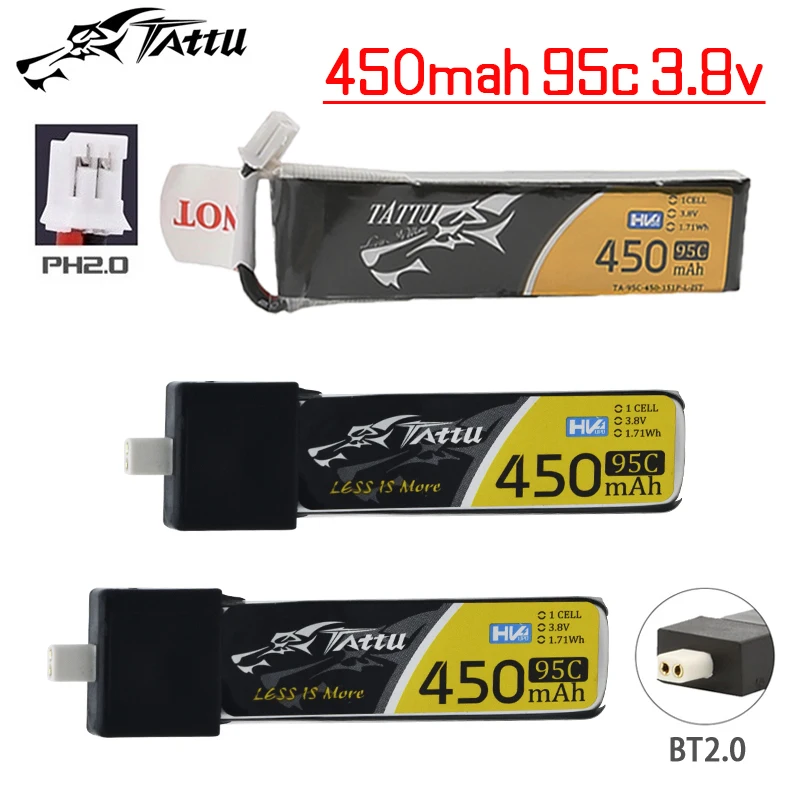 NEW TATTU 3.8V Lipo Battery 450mAh 95C For RC Helicopter Quadcopter FPV Racing Drone Parts 1S Battery With PH2.0/BT2.0 Plug