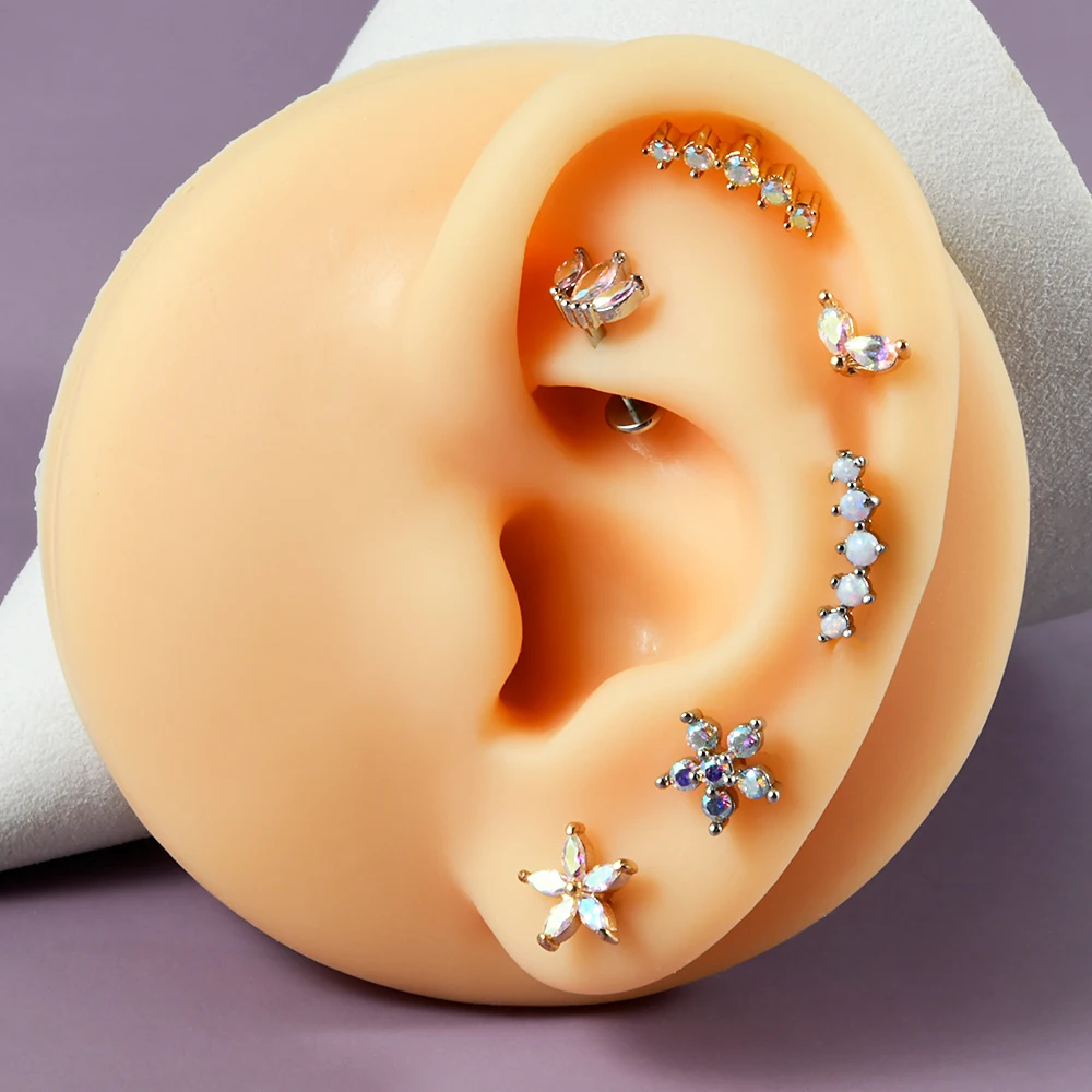 1PC 316L Stainless Steel Flower Ear Tragus Cartilage Piercing Opal Cz Crown Lobe Earrings Helix Piercing Labret Lip Piercing