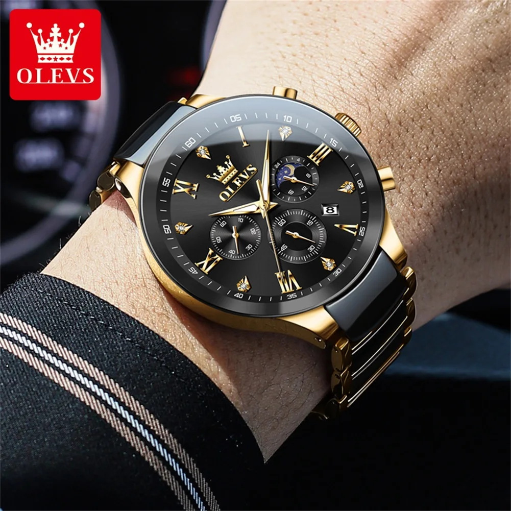 OLEVS-reloj de cuarzo Original para hombre, cronógrafo de pulsera con tiras luminosas de cerámica y acero, resistente al agua, fase lunar