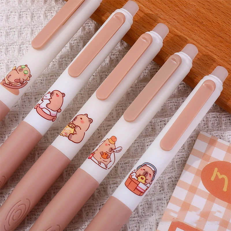 5Pcs Cute Capybara Gel Pens Kawaii Pen Set Quickly-Drying Blue Erasable Pens Office School Supplies Kawaii Aesthetic Stationery