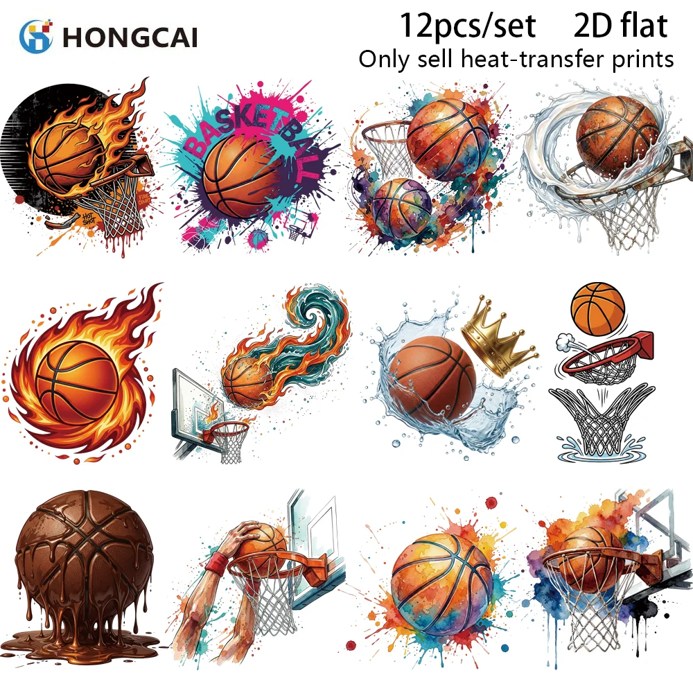 12Pcs Vibrant Basketball Meme HTV, 2D Splash Dunk Vinyl Iron-on for Hoodies, Strong Stick No Lift No Crease, Wash Safe