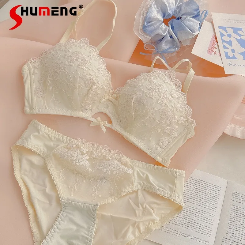 

Cream Embroidered Sweet Lace Bra Set Women's Wireless Push Up Underwear Suit Female Small Chest Sexy Brief Sets Intimates