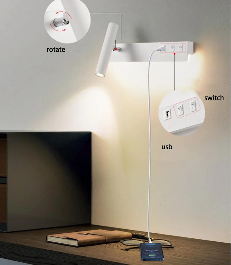 Imagem -05 - Luz de Parede Led com Interruptor e Interface Usb Lâmpada Branca e Preta Luminária Rotação Corredor Corredor Quarto Cabeceira Luz de Parede de Leitura