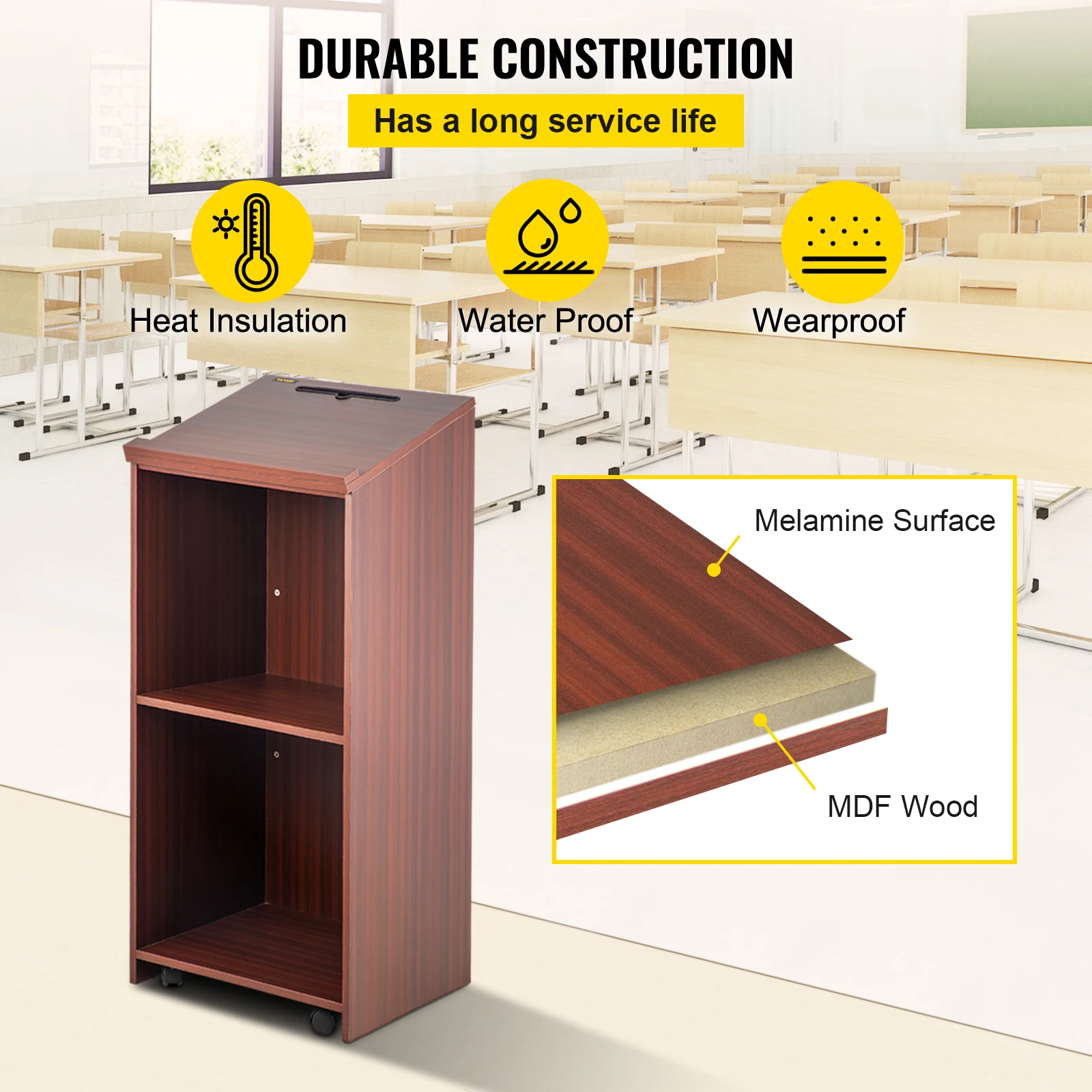 VEVOR Gỗ Bục 2X4 FT Lecterns Và Podiums W/4 Lăn Bánh Xe Nghiêng Mặt Vách Ngăn & Đĩa kệ Lắp Ráp Dễ Dàng Óc Chó
