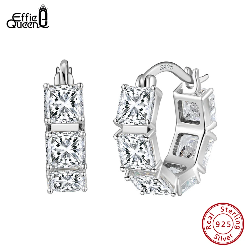 Effie Queen Genuine 925 Silver 8A Square Zirconia Hoop Earrings Luxury Jewelry for Women Wedding Party Ear Accessory Gift LZE15