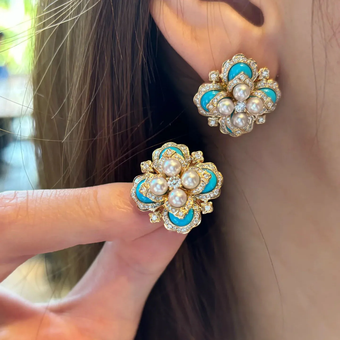 

Vintage Luxury 925 Silver Turquoise Freshwater Pearl Flower Ear Stud Statement Earring For Women Fashion Pearl Fine Jewelry